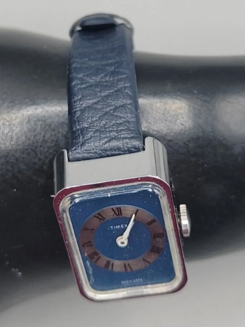 Vintage 1973 Timex Ladies Tank Watch Blue Roman Numeral Dial Chrome Plated Runs